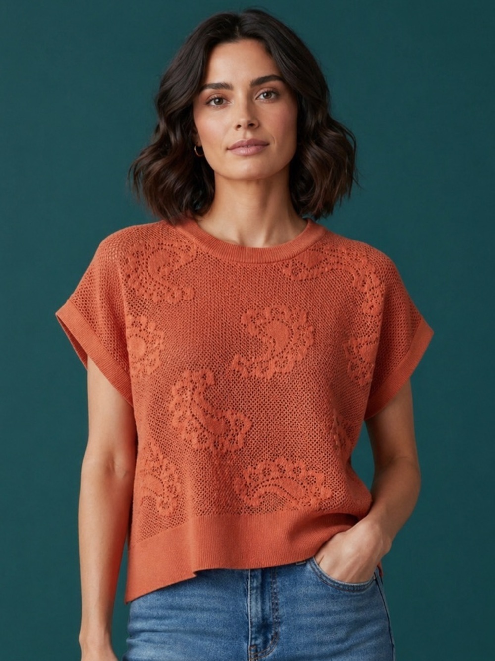 DR2 Danielle Rainn Paisley Open Stitch Cotton Sweater Tank Brick Orange Size M